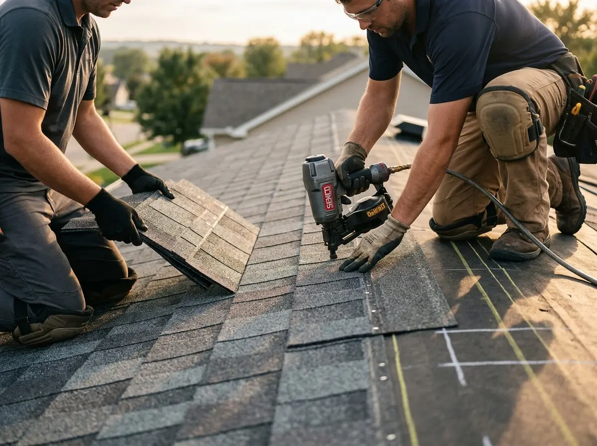 Professional roofer working on a residential roof in West Memphis